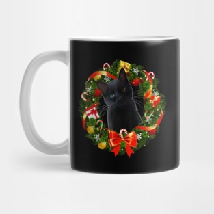 Funny Black Cat Christmas Wreath Ornament Mug